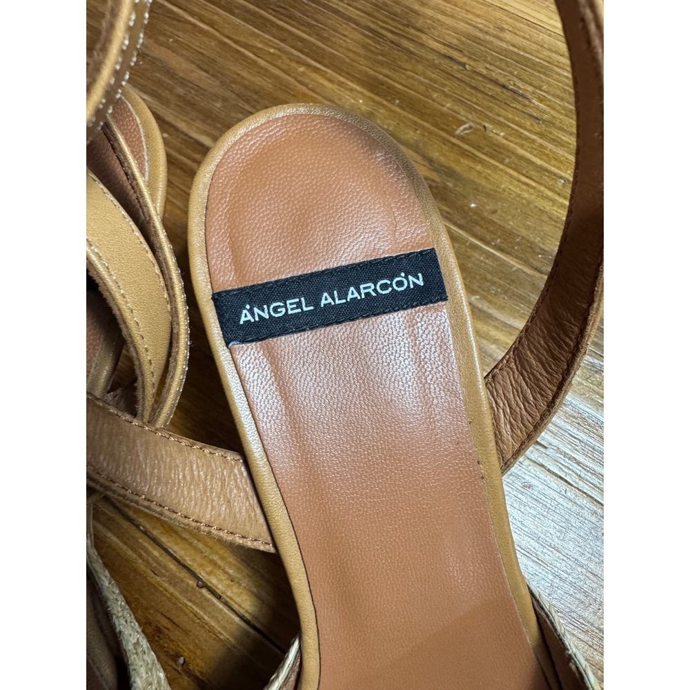 ANGEL ALARCON Helen Raffia Woven Slingback Heels Tan Leather Ankle Strap Size 39 - Picture 10 of 16